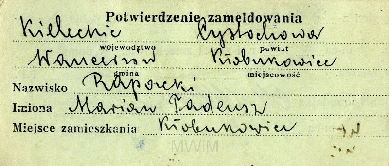KKE 4913.jpg - Dok. Potwierdzenie zameldowania dla Mariana Tadeusza Rapackiego przybyłego z Skórkowice, Kłobunowice, 8 III 1945 r.